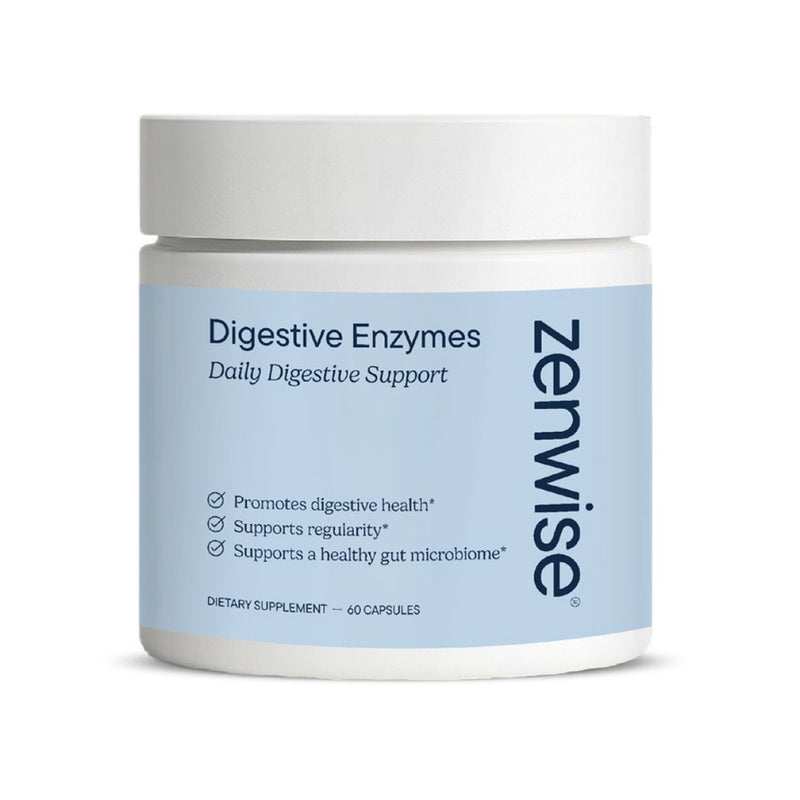 White and light blue Zenwise Digestive Enzymes supplement bottle with 60 capsules for daily digestive support