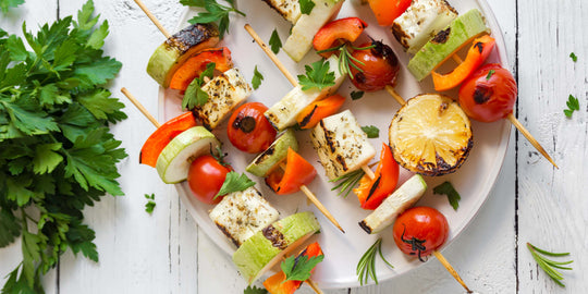 Halloumi-and-Vegetable Kabobs with Pomegranate-Tahini Sauce