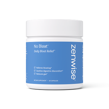 Blue and white ZenWise No Bloat supplement jar with white lid on white background