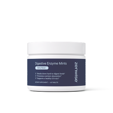 White jar with navy blue label containing Digestive Enzyme Mints supplement by Zenwise brand