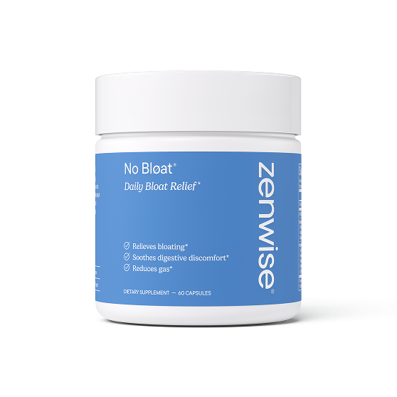 White and blue supplement bottle of Zenwise No Bloat Daily Bloat Relief with 100 capsules. unique_for_cart
