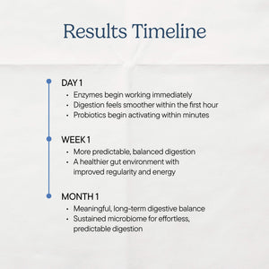 Timeline showing digestive supplement results over three periods: Day 1 (immediate enzyme activation), Week 1 (balanced digestion), and Month 1 (sustained microbiome benefits) on beige background with blue timeline markers.