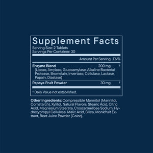 Blue supplement facts label showing enzyme blend and papaya fruit powder ingredients for digestive support tablets