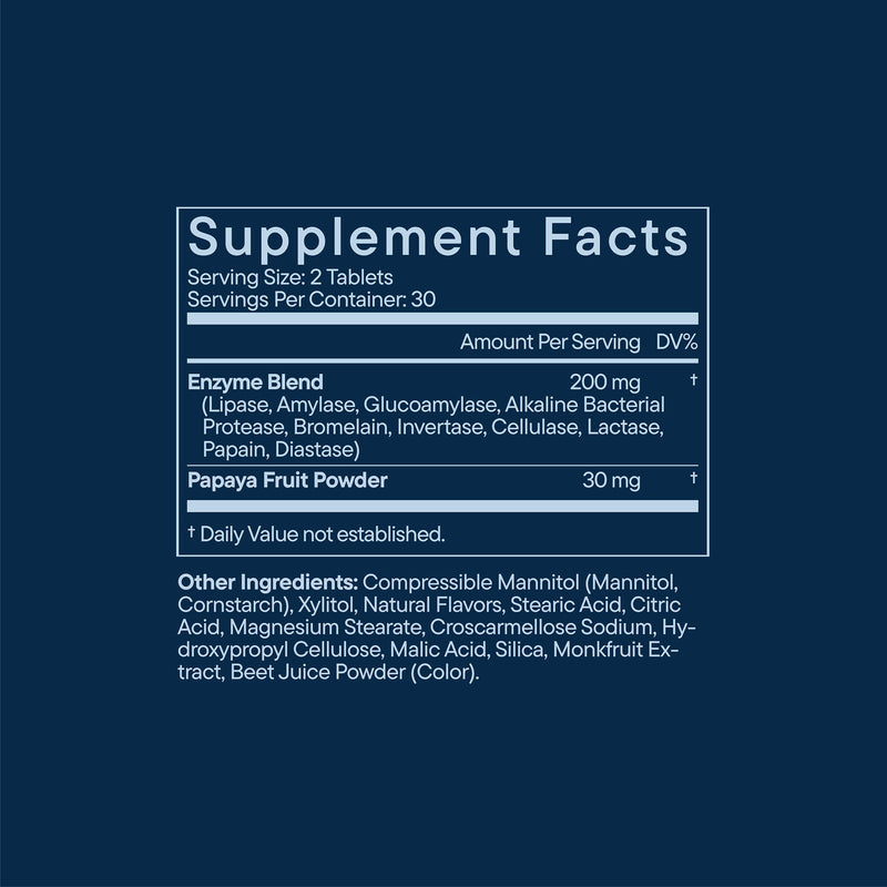 Blue supplement facts label showing enzyme blend and papaya fruit powder ingredients for digestive support tablets