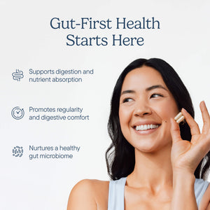 Woman smiling while holding supplement capsule, with text "Gut-First Health Starts Here" and three health benefit icons on white background