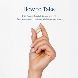 Hand holding two white capsules with text "How to Take" and dosage instructions on light background