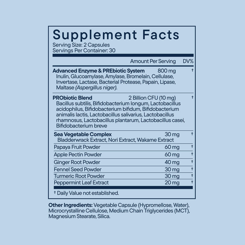 Supplement Facts label on light blue background showing digestive enzyme, probiotic, and herbal ingredient details for 60-count bottle