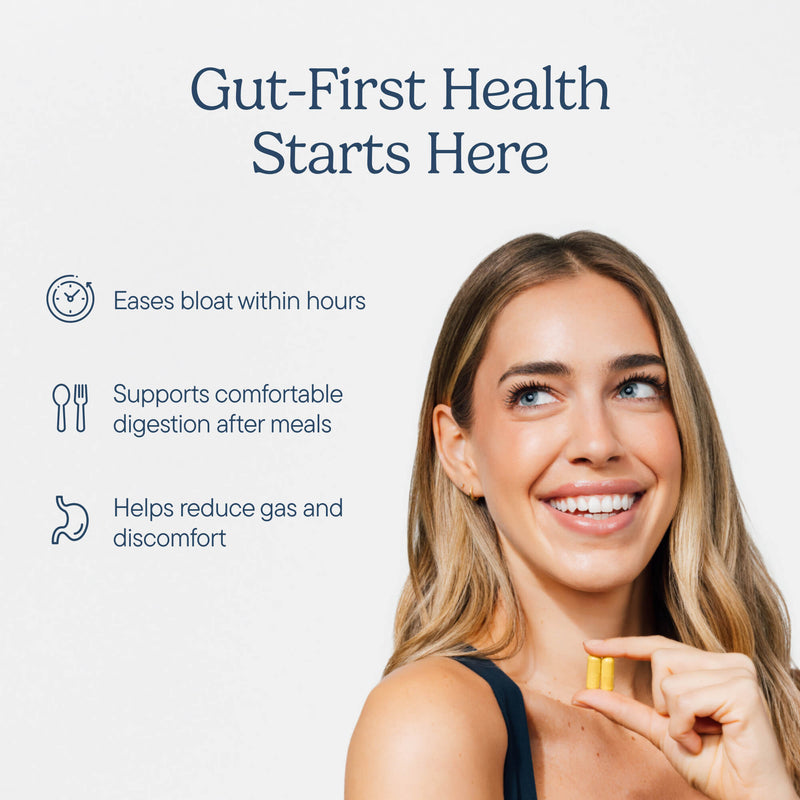 Young woman with blonde hair smiling while holding yellow supplement capsule, with gut health benefits listed on white background