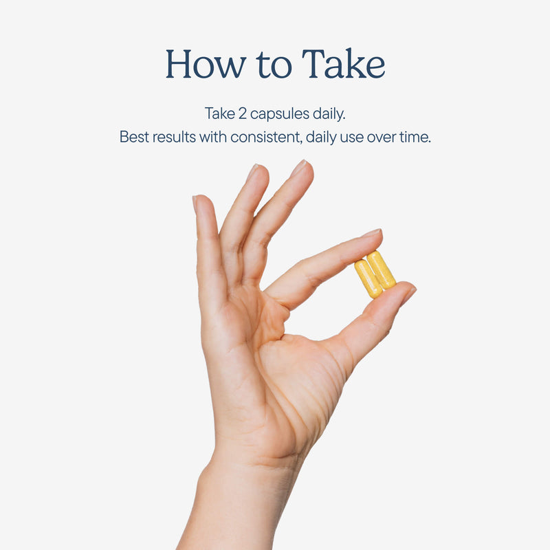 Hand holding two yellow supplement capsules with text "How to Take - Take 2 capsules daily" on light background