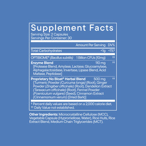 Blue supplement facts label showing serving size of 2 capsules with probiotic, enzyme blend, and herbal ingredients listed in white text