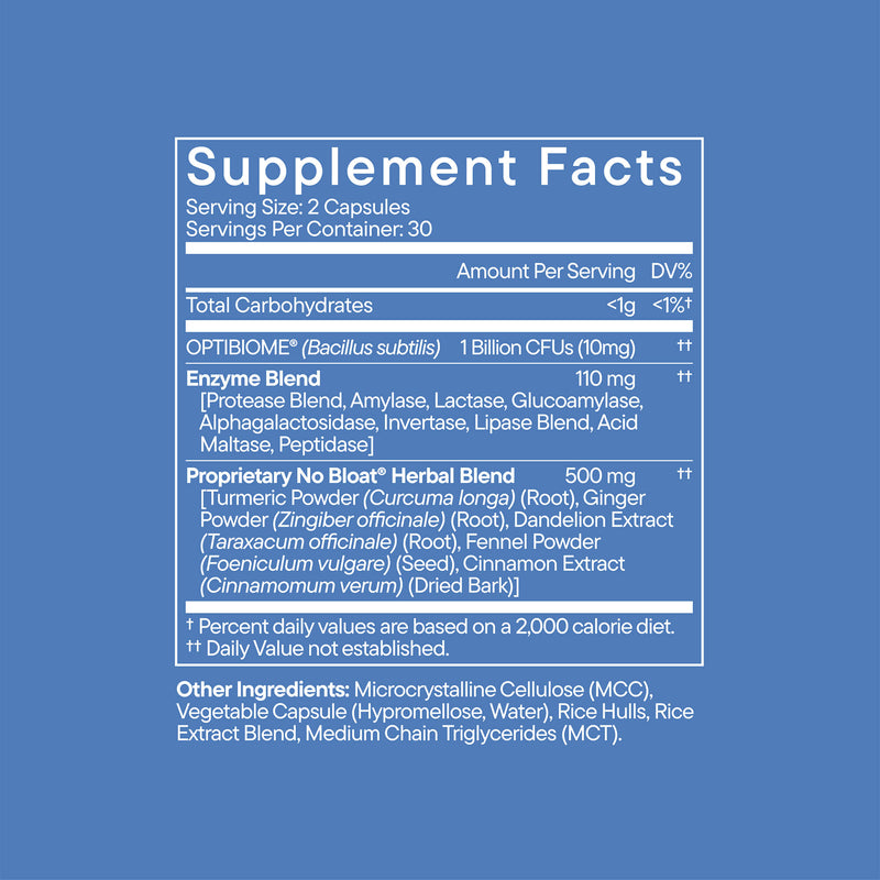 Blue supplement facts label showing serving size of 2 capsules with probiotic, enzyme blend, and herbal ingredients listed in white text